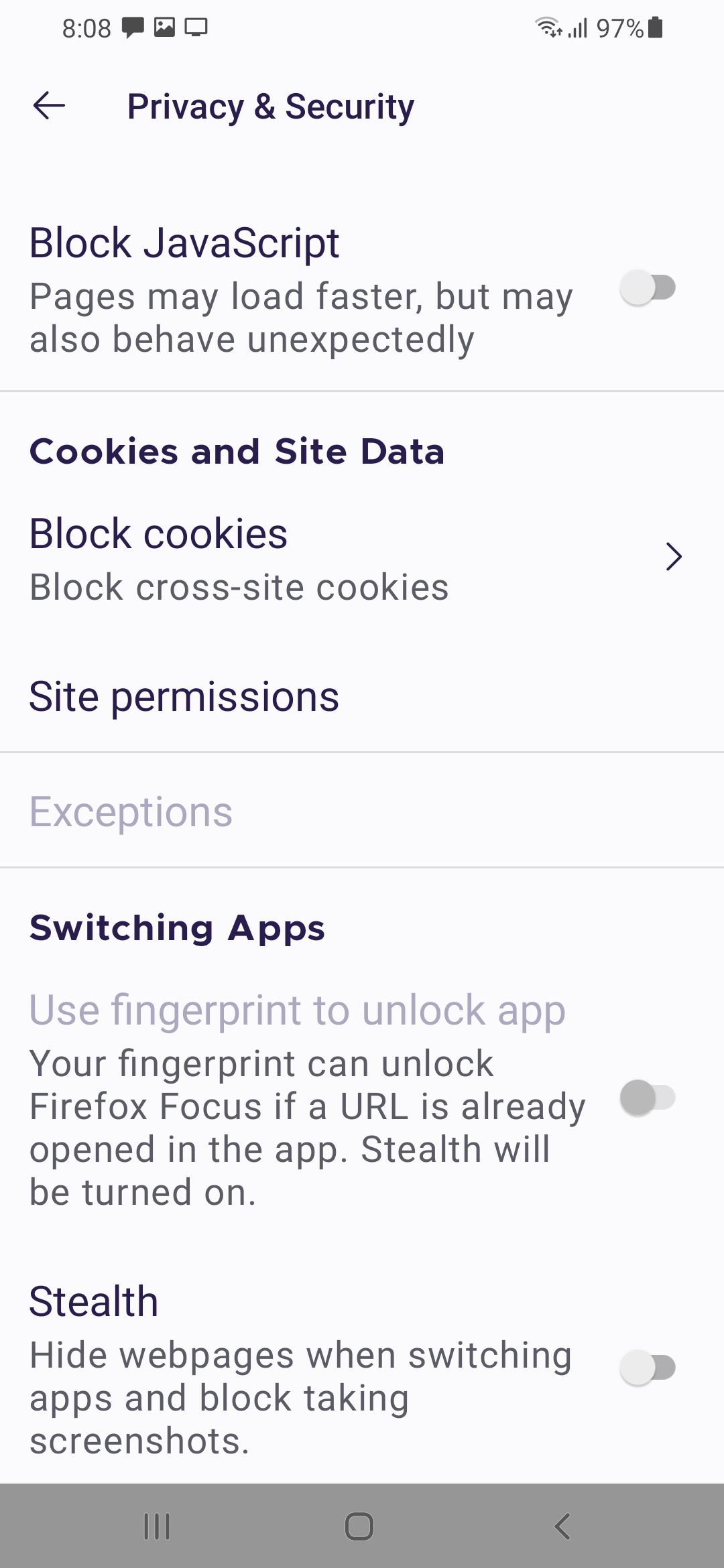 Privacy and Security Settings Firefox Focus Android