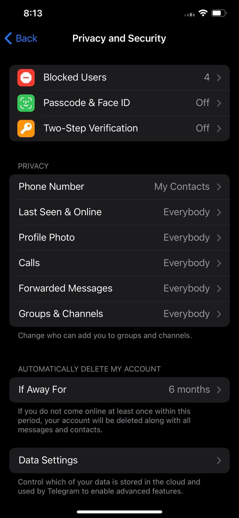 Privacy and Security Settings of Telegram App for iOS