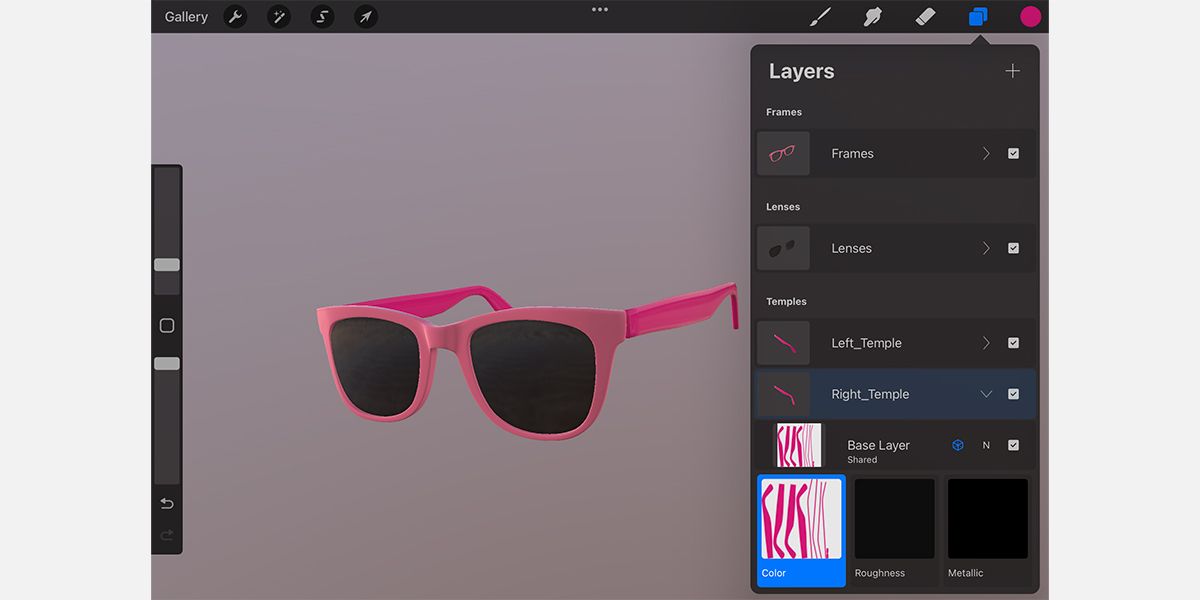 اسکرین شات که دارایی Procreate 3D را با استفاده از لایه‌ها تغییر رنگ داده است