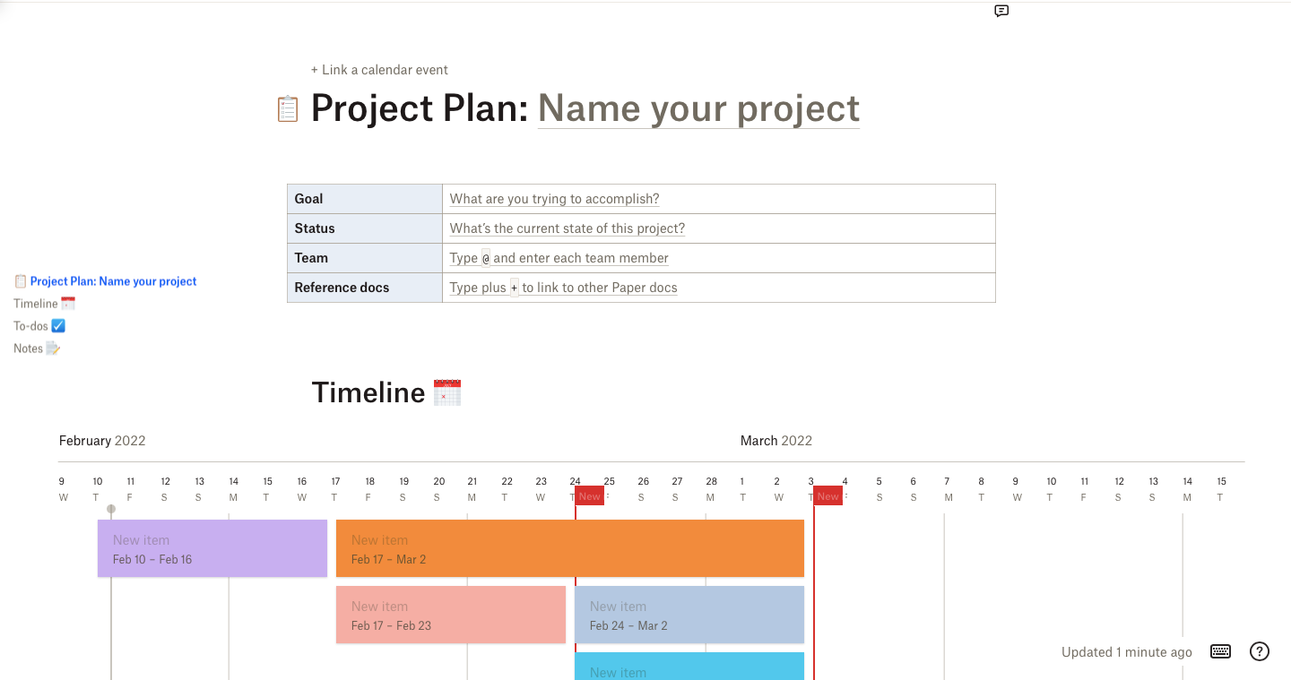 Image shows the Project Planning template inside Dropbox Paper