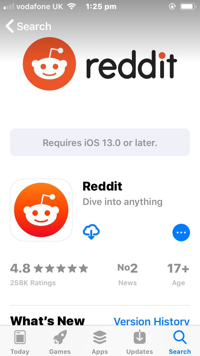 A screenshot of the download page for the Reddit app on Apples App Store