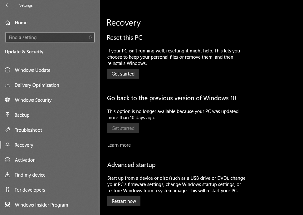 Reset Settings in Recovery Window in Windows 10