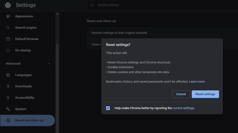 Chrome Browser Settings Reset