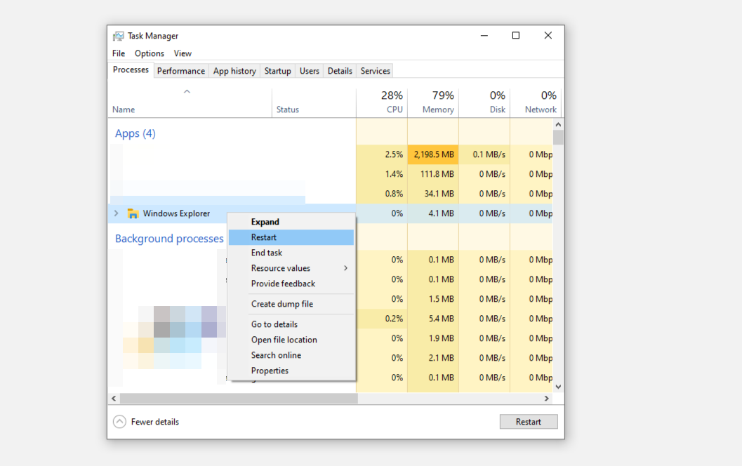 Restarting Windows Explorer in Task Manager in Windows 10