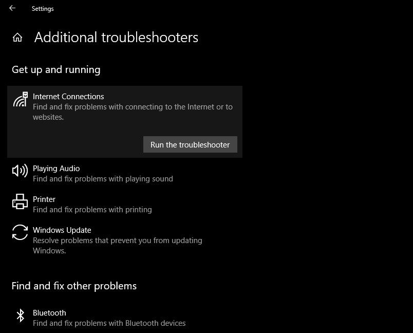 Running Internet Connections Troubleshooter in Windows Settings App