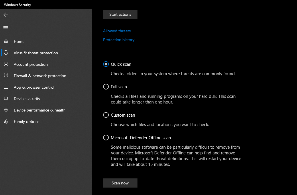 Running a Quick Scan in Windows 10 Security Settings