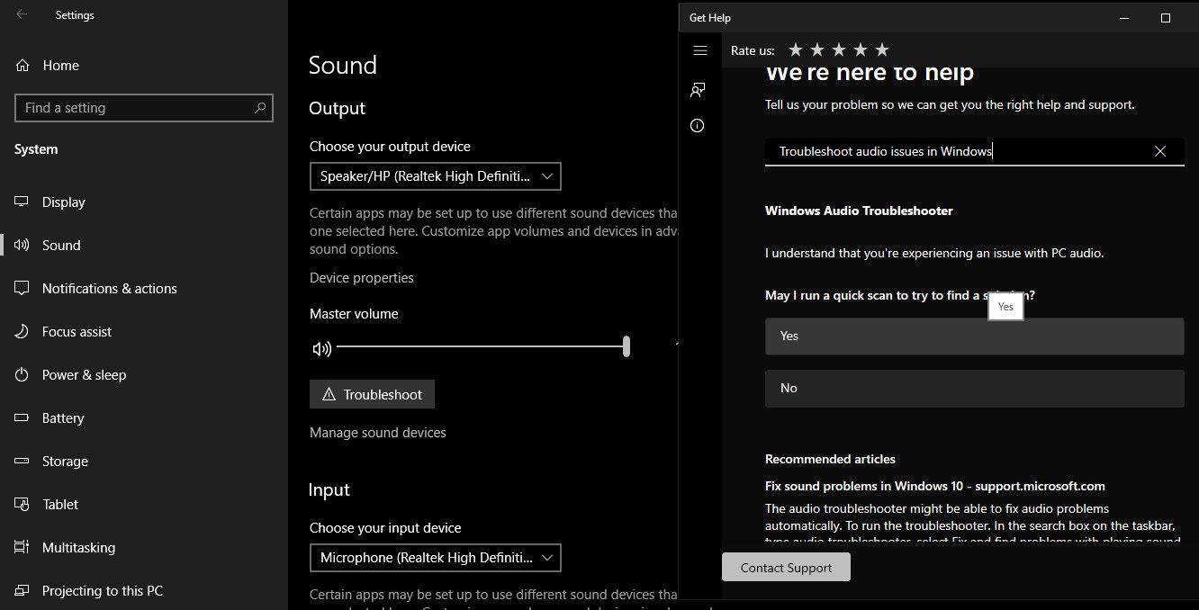 Running a Sound Troubleshooter Alongside Get Help Window to Fix Sound Issues