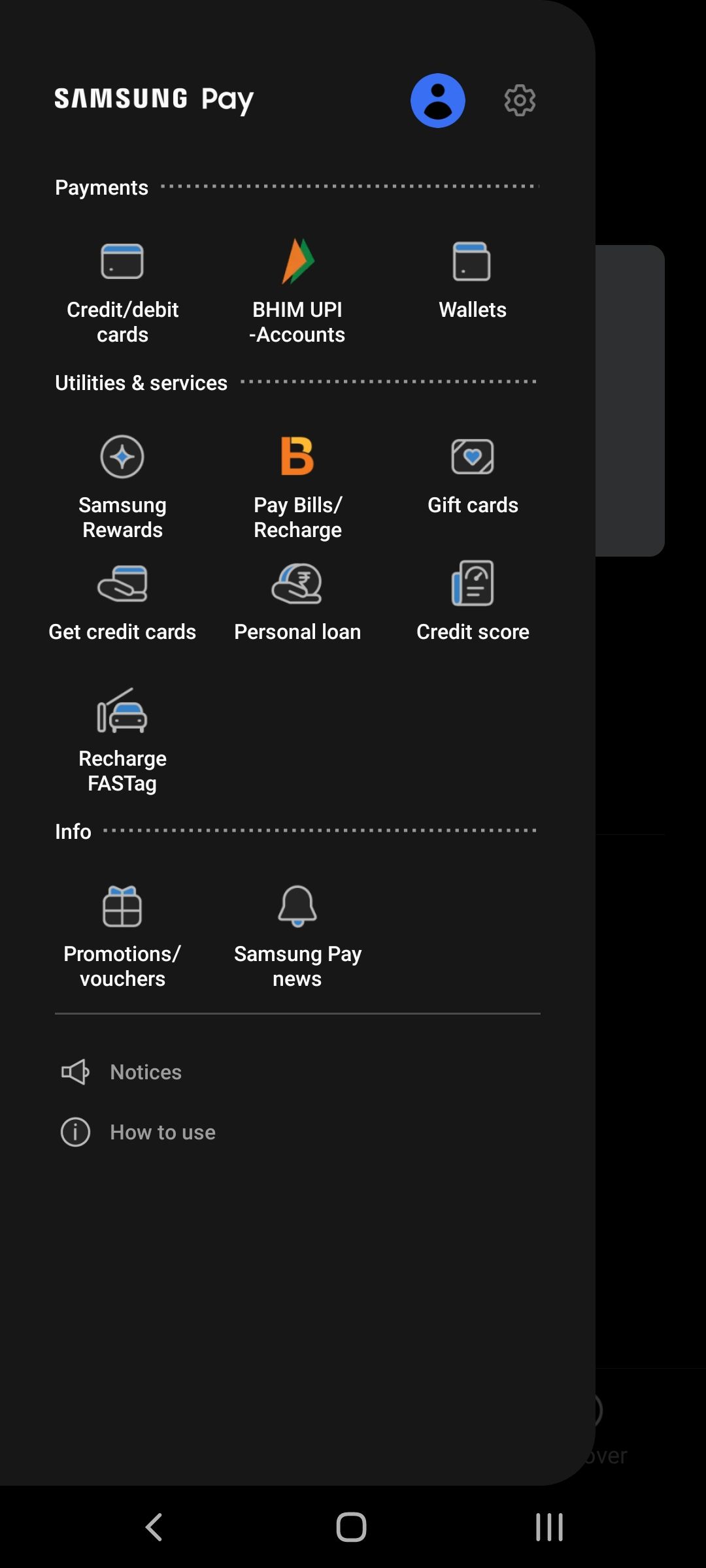 Samsung Pay menu