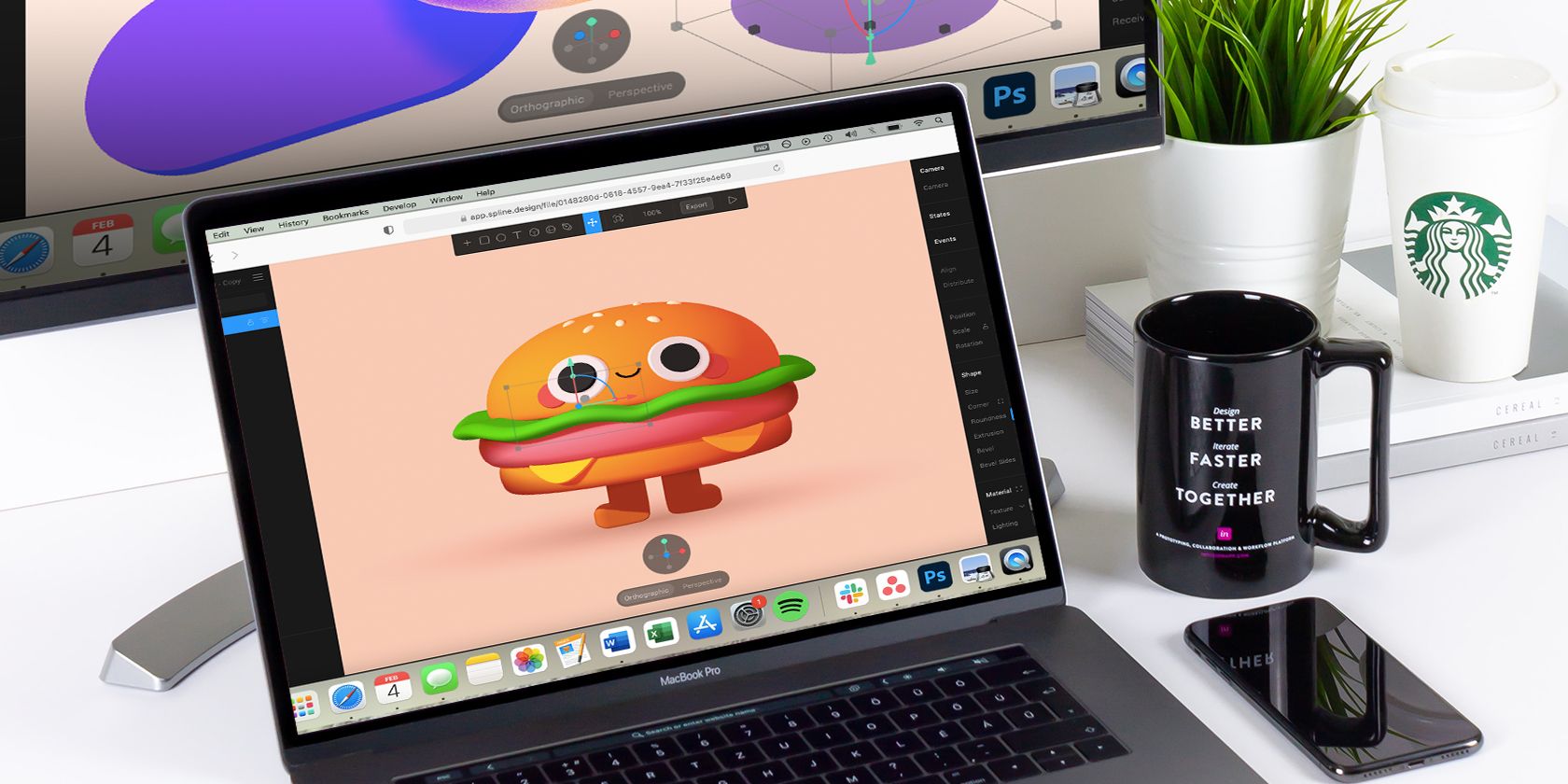 Mockup showing laptop screen with Hamburger illustration.