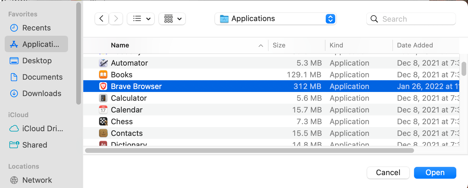 Brave Browser Inside the Applications Folder