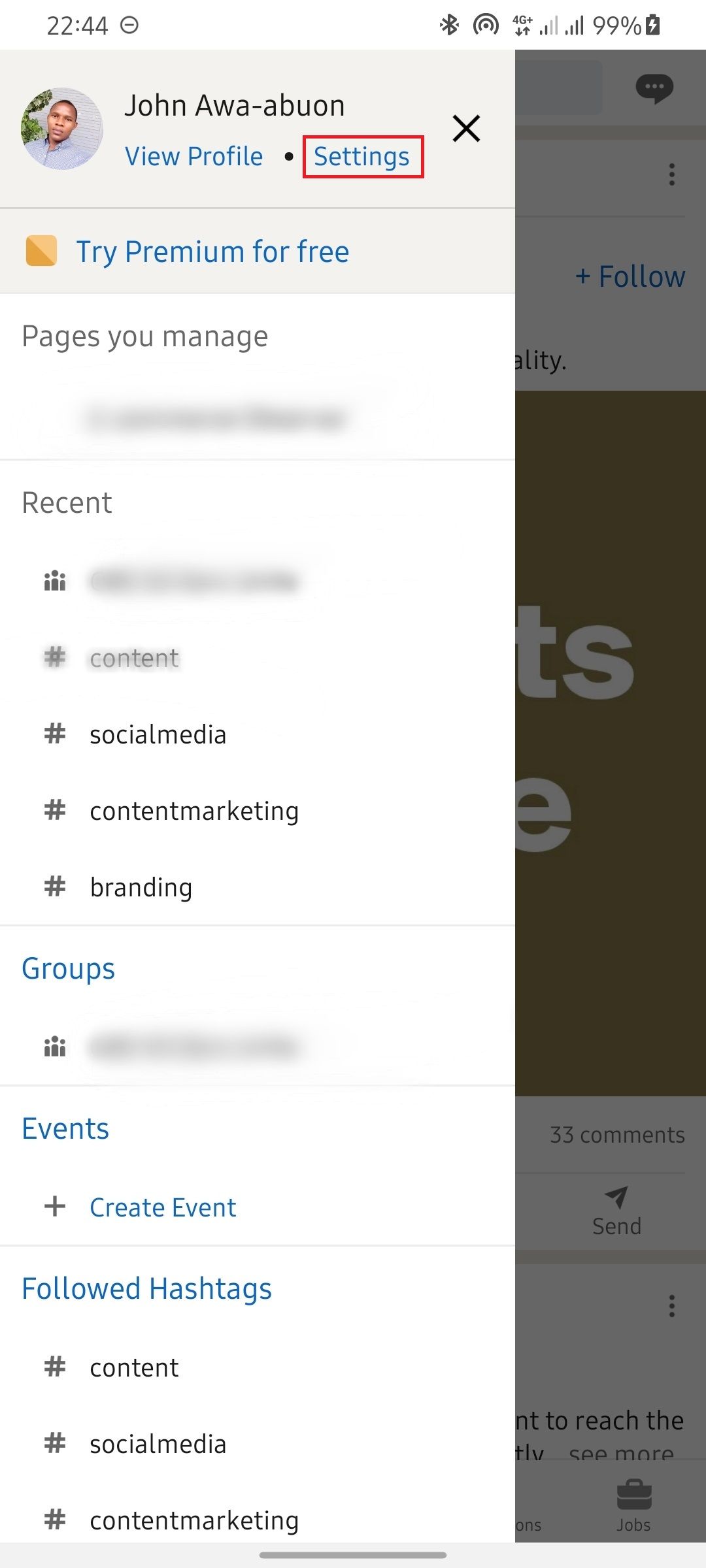 Screenshot of LinkedIn main menu