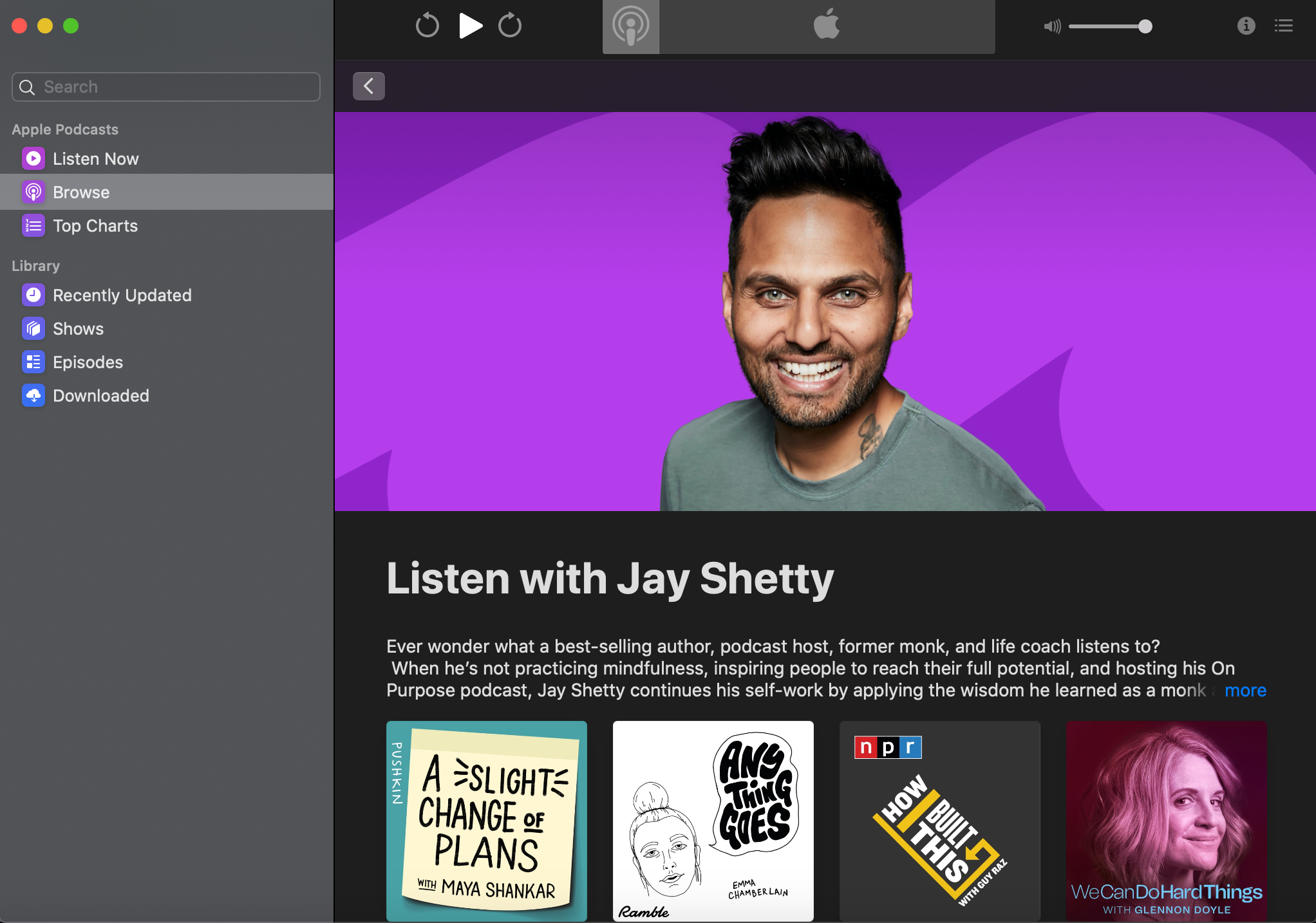 Screenshot of apple podcasts' listenw ith feature on desktop