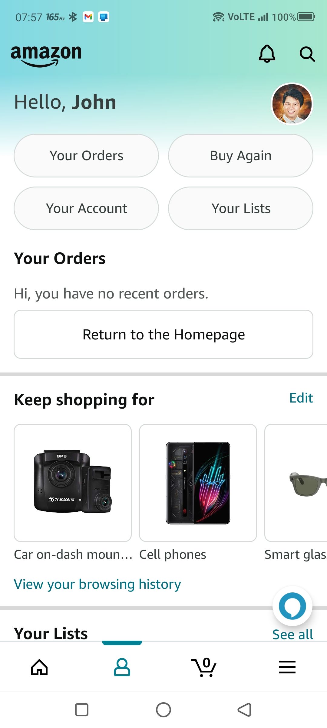 Amazon settings page on the app