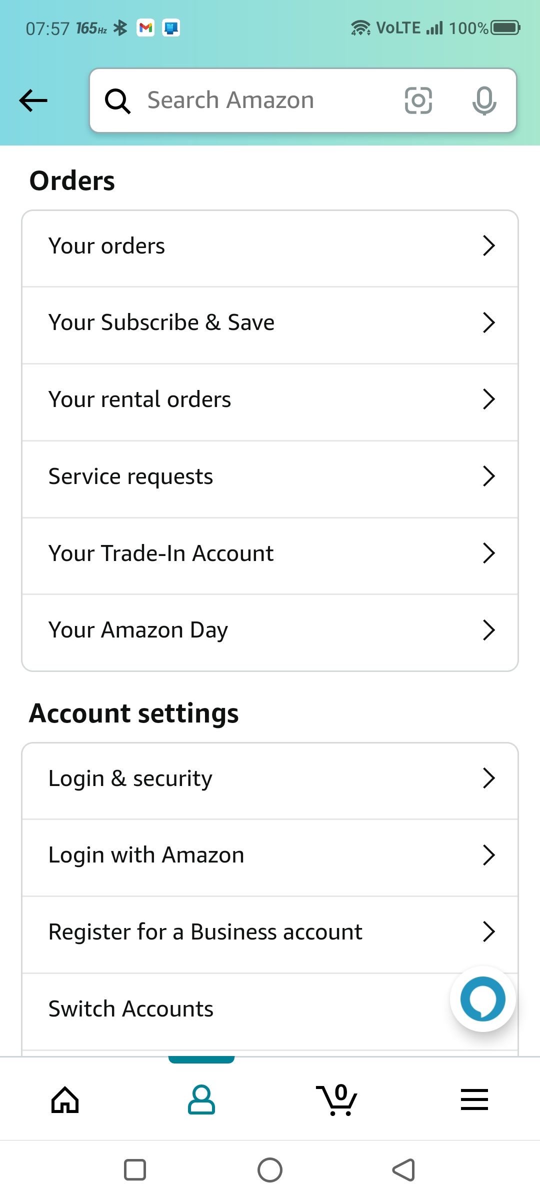 Amazon account settings on the app