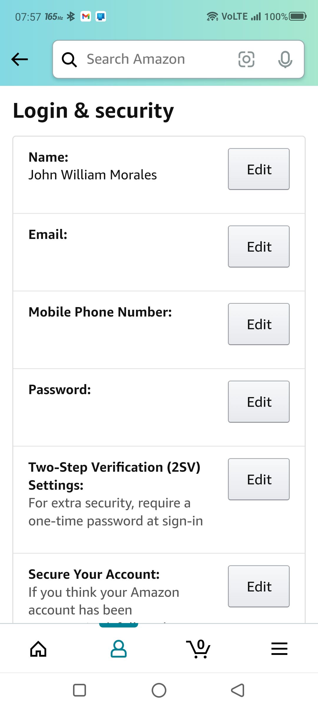 Login and security settings on Amazon