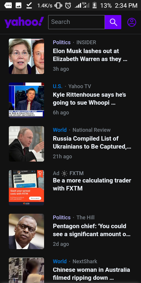 Yahoo webpage with force dark mode turned on