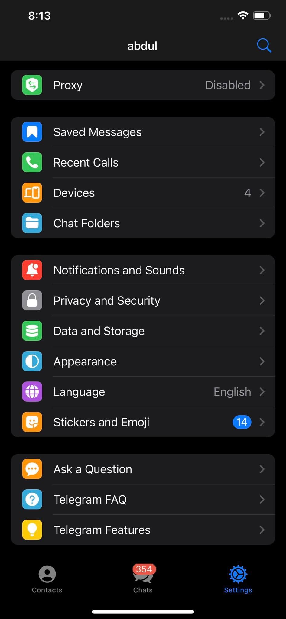 Settings Menu of Telegram App for iOS