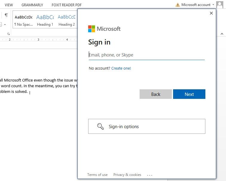 Signing into Account in Microsoft Word