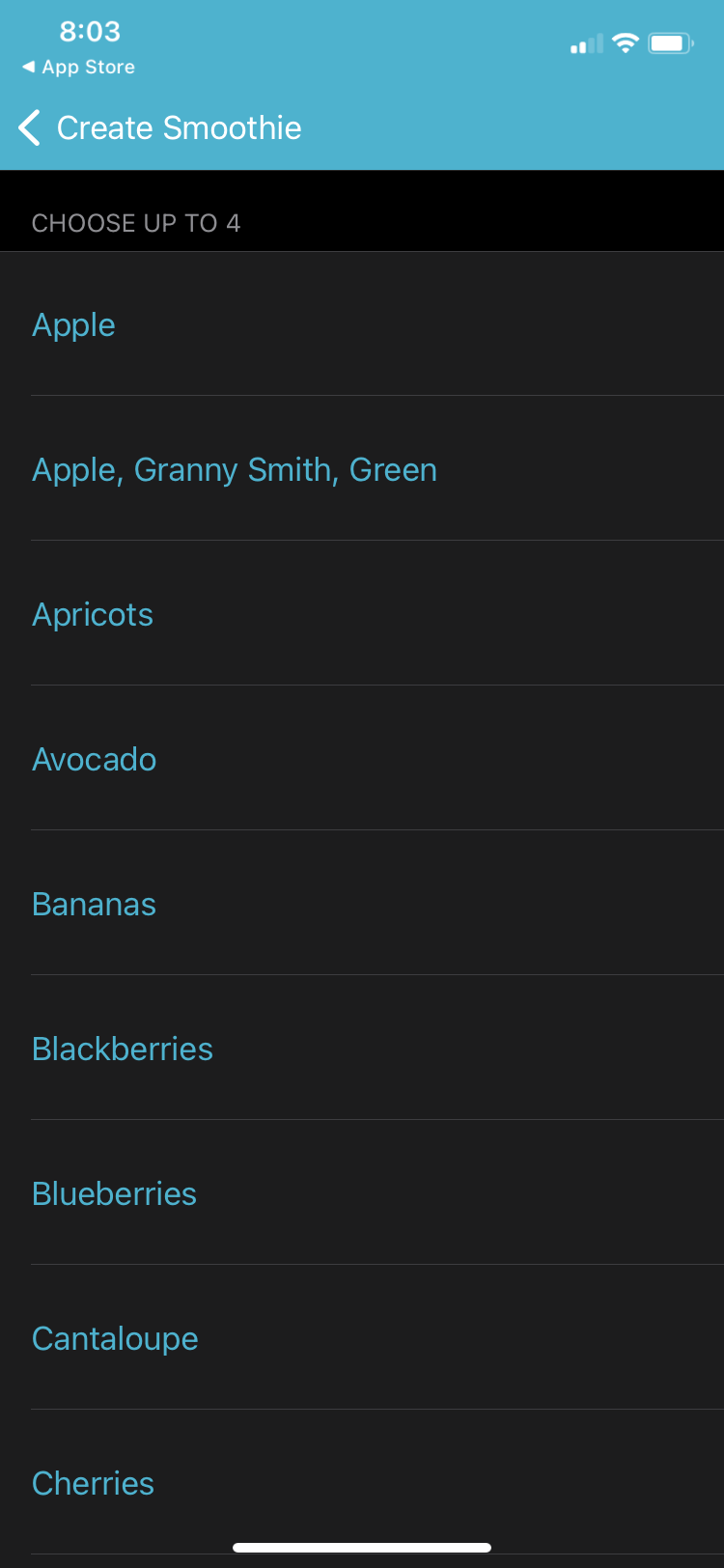 Simply Smoothies app fruit selection screen