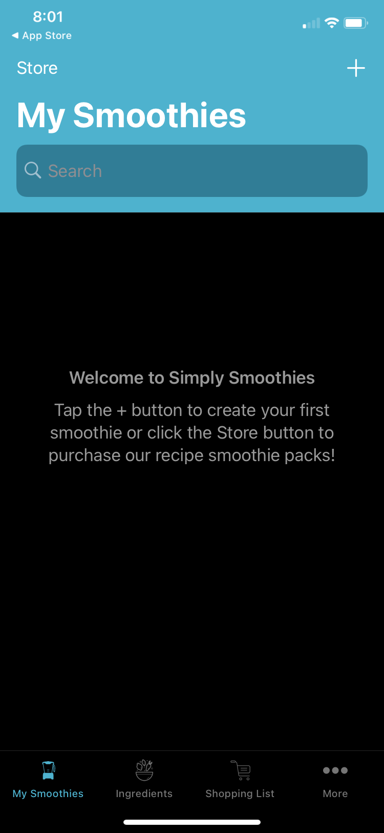 Simply Smoothies app home screen