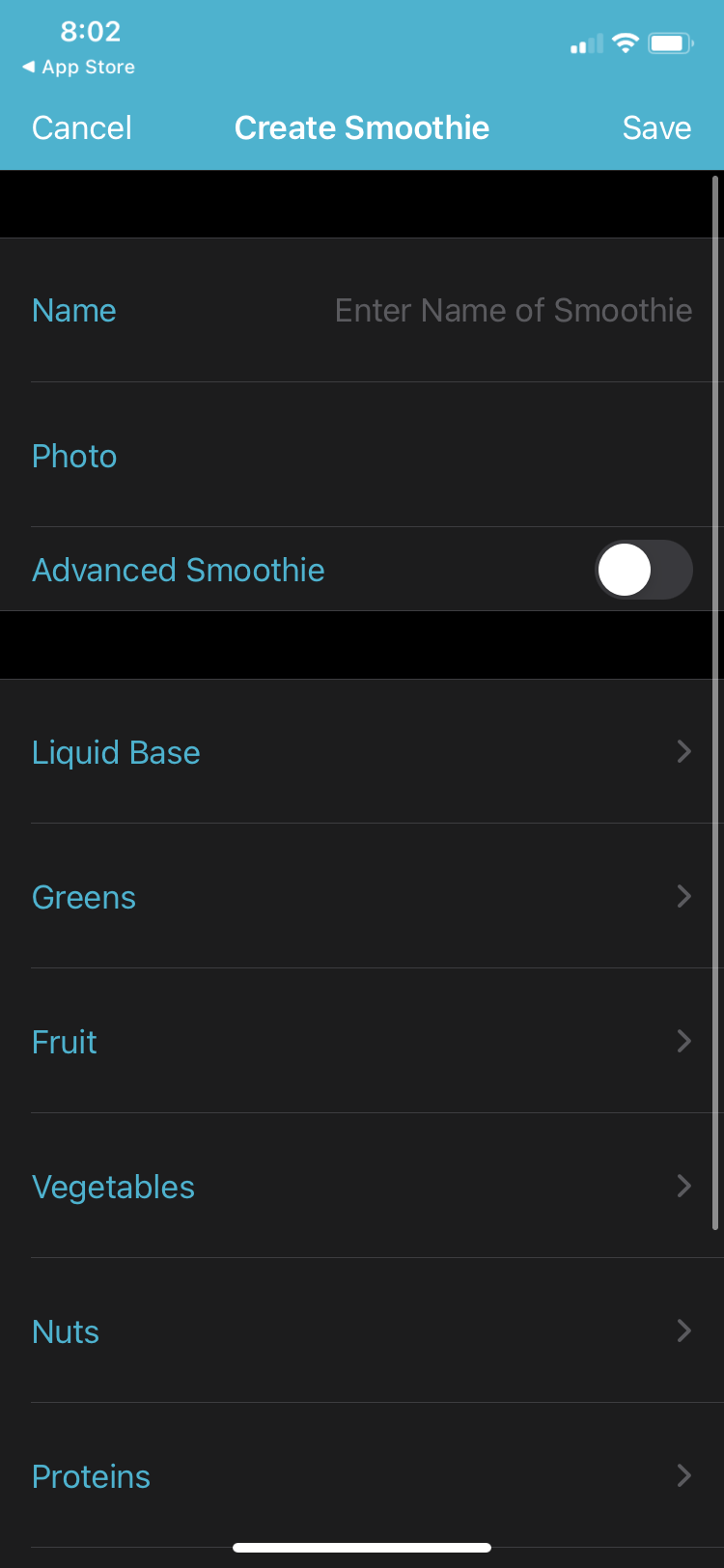 Simply Smoothies app recipe creation screen
