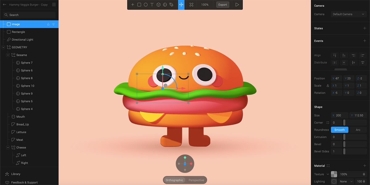 Screenshot showing Spline 3D hamburger model