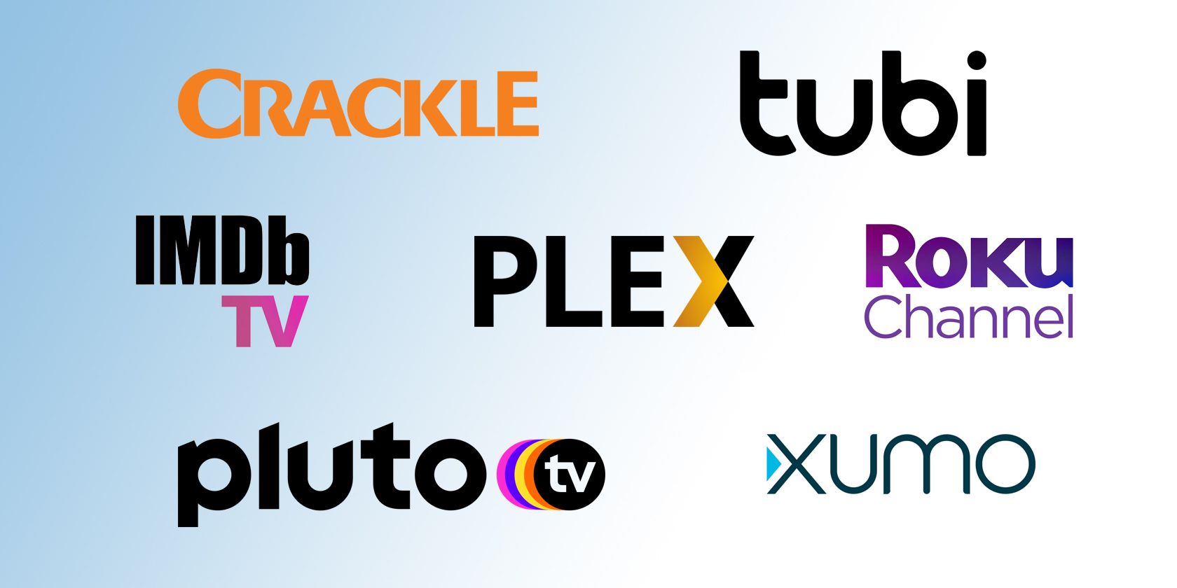 لوگوهای خدمات پخش ویدئو: Crackle، IMDb TV، Plex، Pluto TV، Roku Channel، Tubi، Xumo