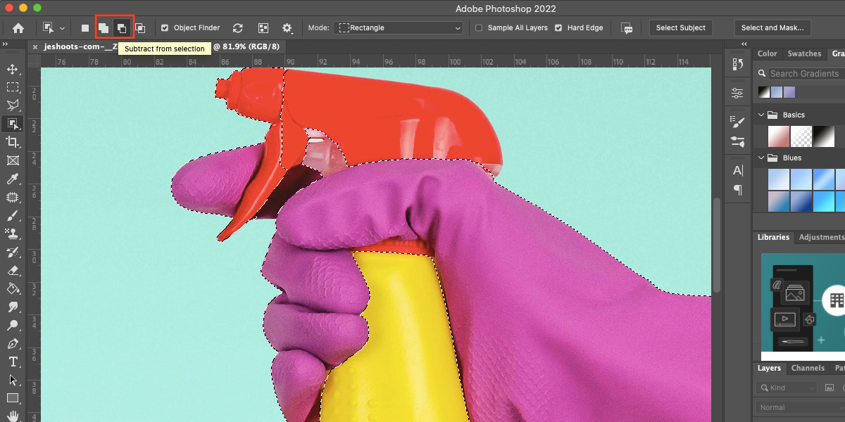 Photoshop screenshot showing subtract from selection tools