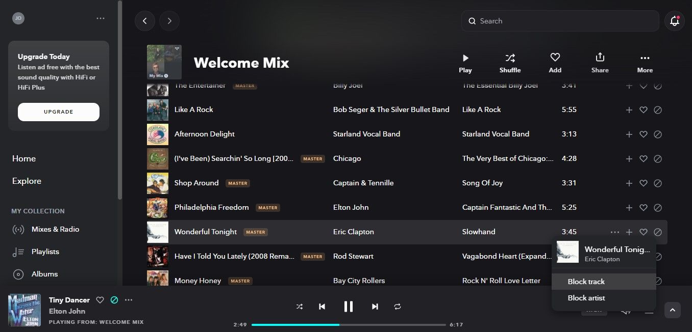 Menus for blocking an artist or track on TIDAL.
