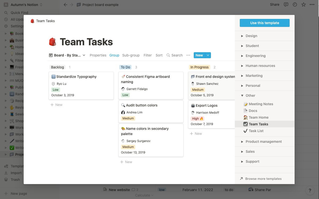 Screenshot of a template menu in project management software