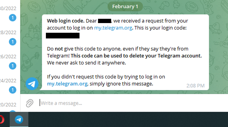 Telegram Confirmation code sent