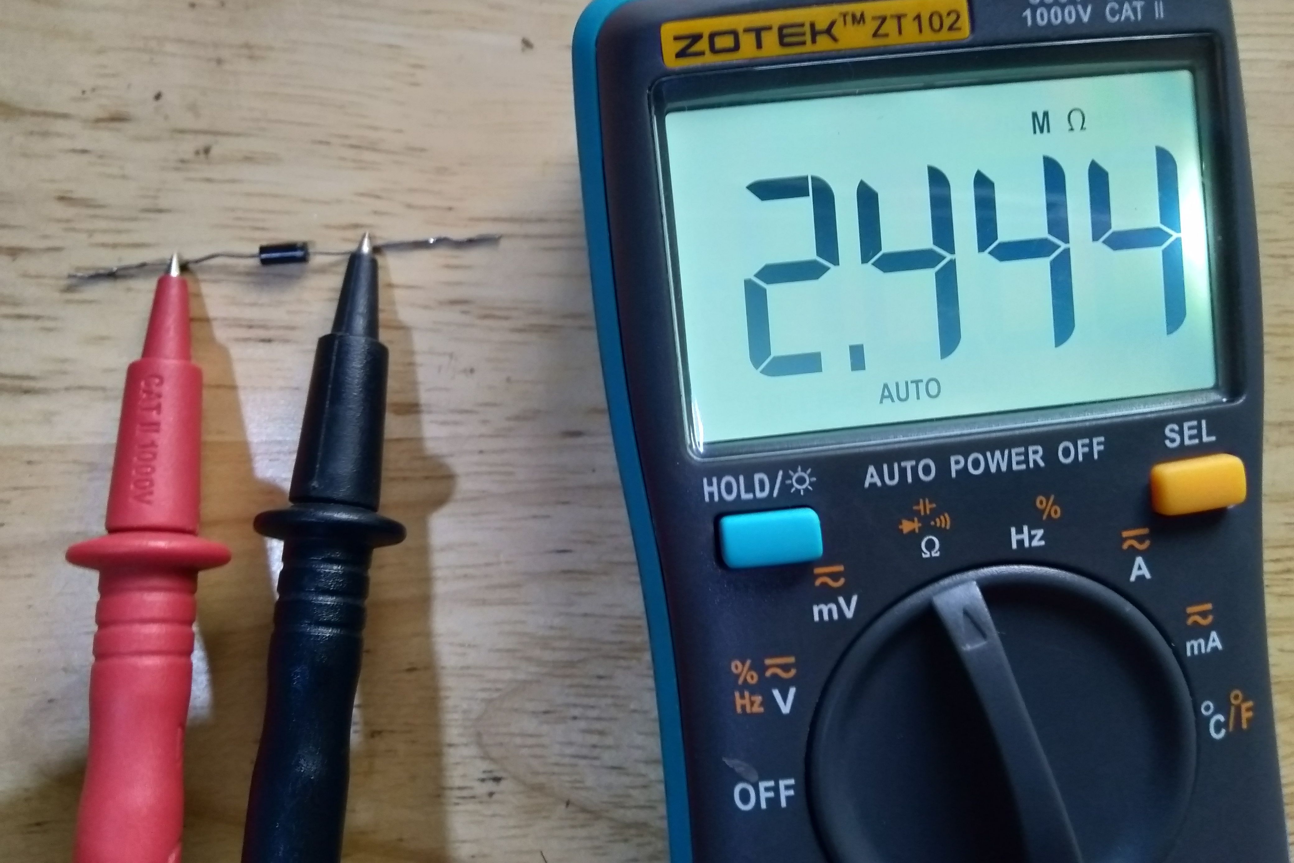 Testing resistance for a diode with multimeter reading
