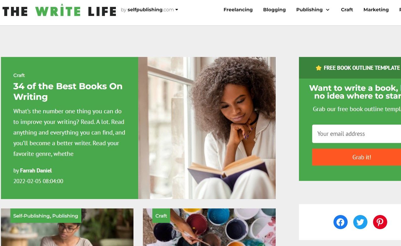 The write life home page displaying articles and navigation elements