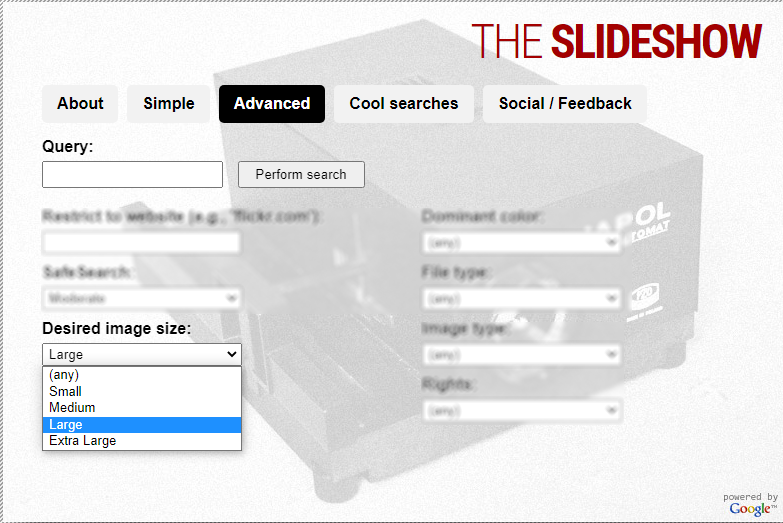 TheSlideShow select Desired image size