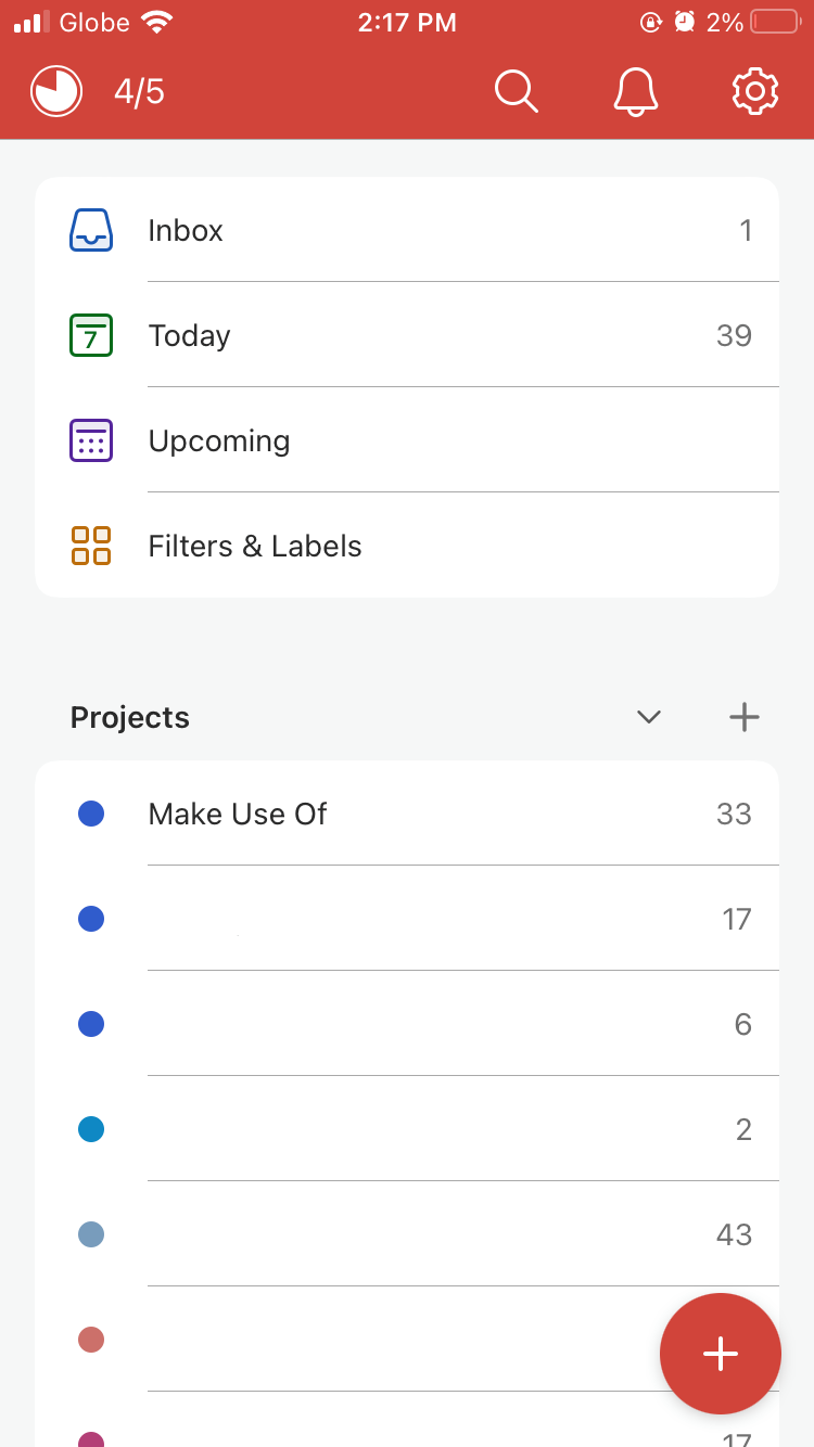 Todoist Mobile App Main Page