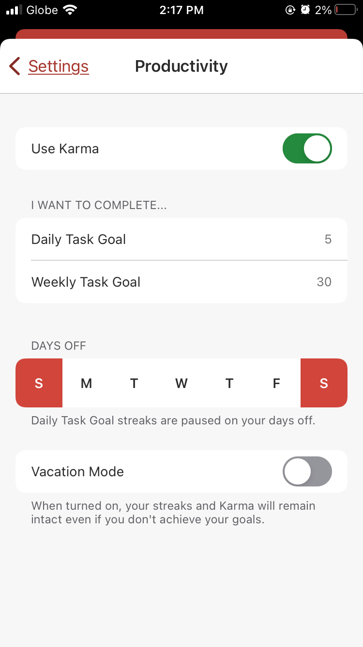 Todoist Mobile App Productivity Section for Days Off