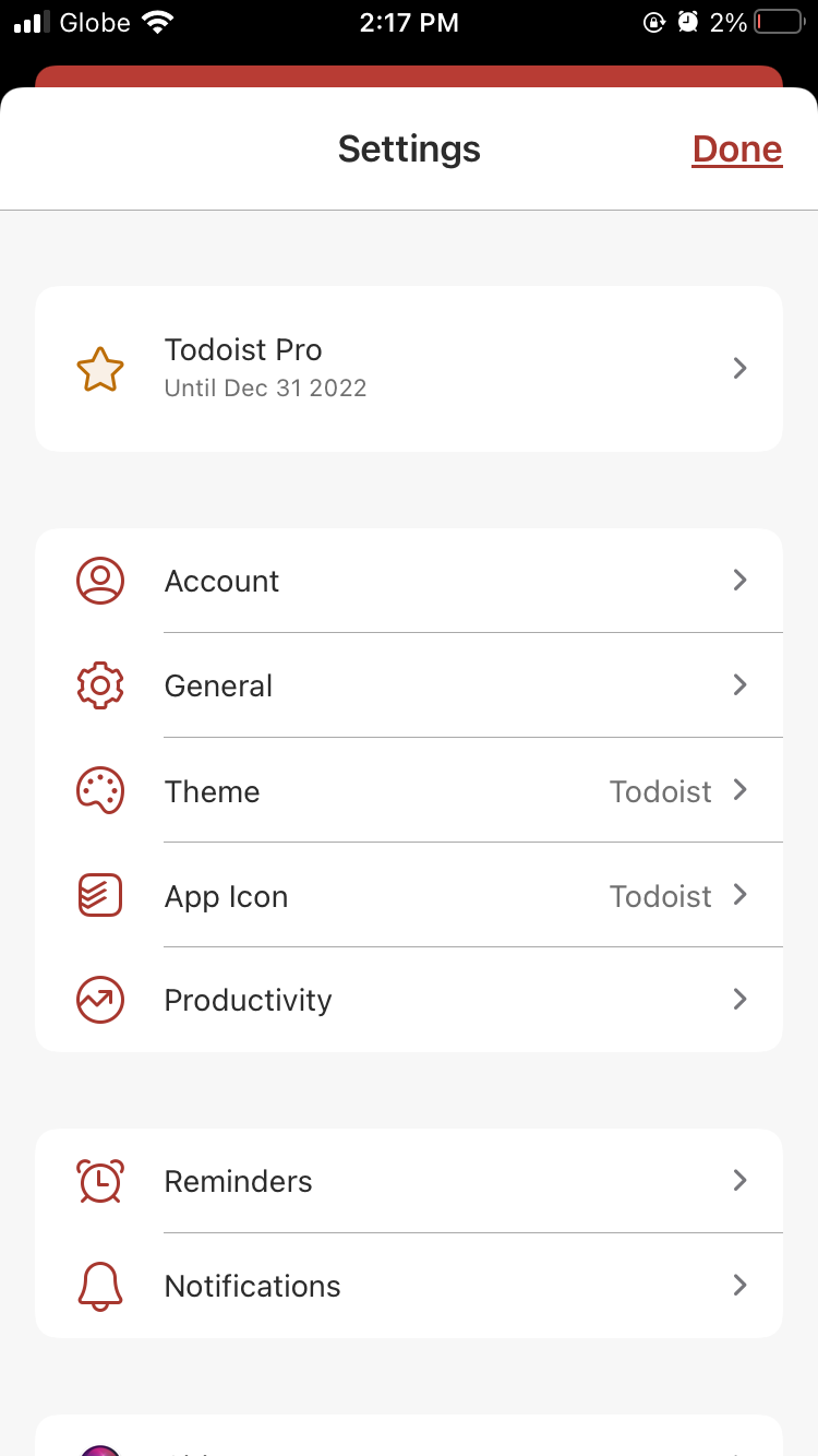 Todoist Mobile App Settings page