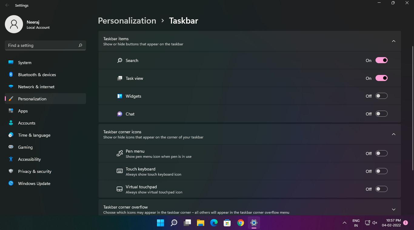 Toggle Off Chat and Widgets Icons in Taskbar Settings