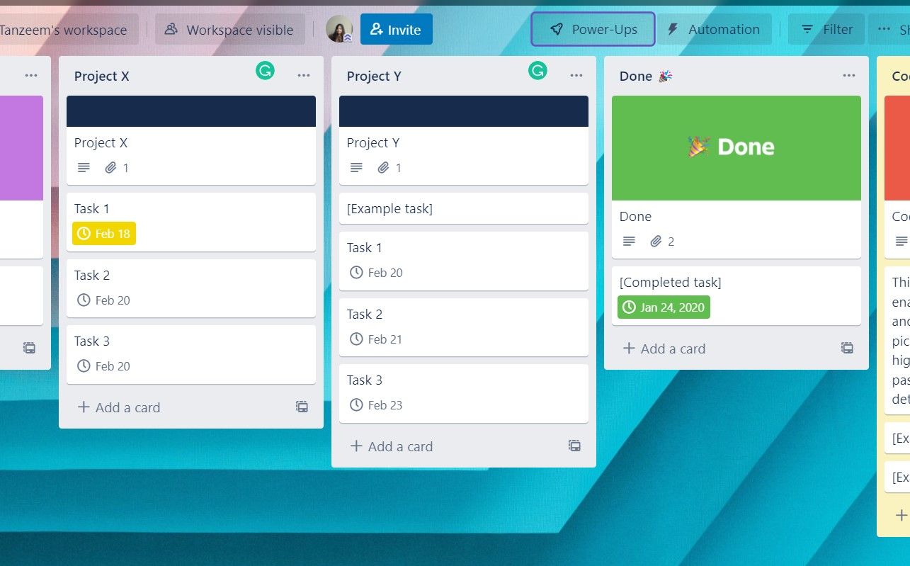 تخته Trello Kanban با کارت های Project X و Y