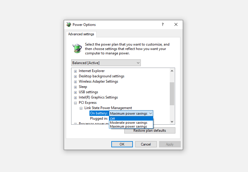 Turning Off Settings for PCI Express in Windows 10
