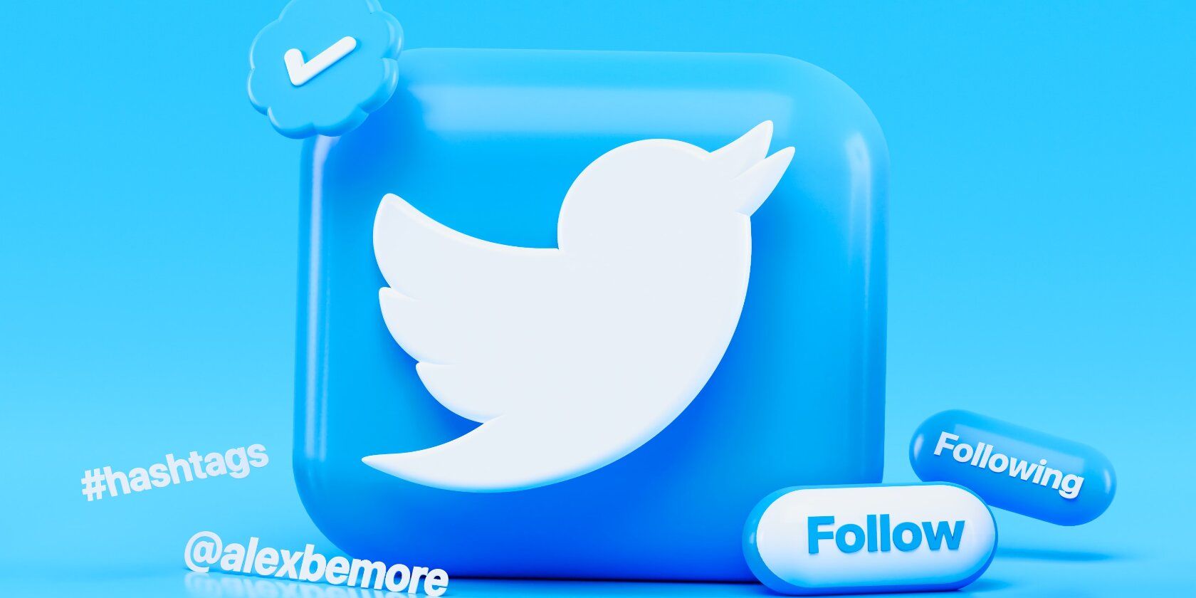 Blue Twitter logo including hashtags and following buttons. 