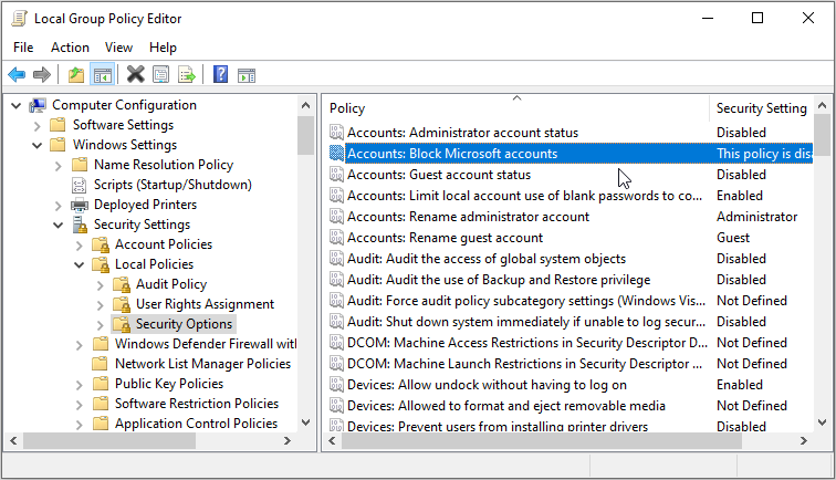 Unblocking a Microsoft Account Via the Local Group Policy Editor