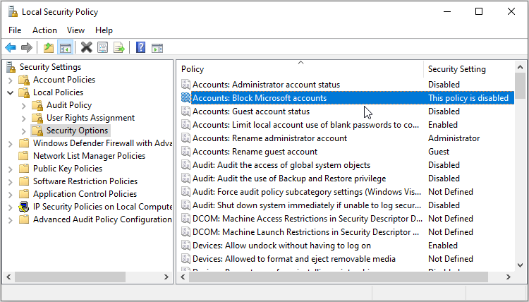 Unblocking a Microsoft Account Via the Local Security Policy Editor