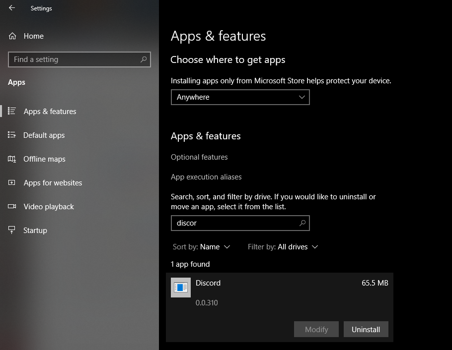 Uninstalling Discord in Windows Settings App