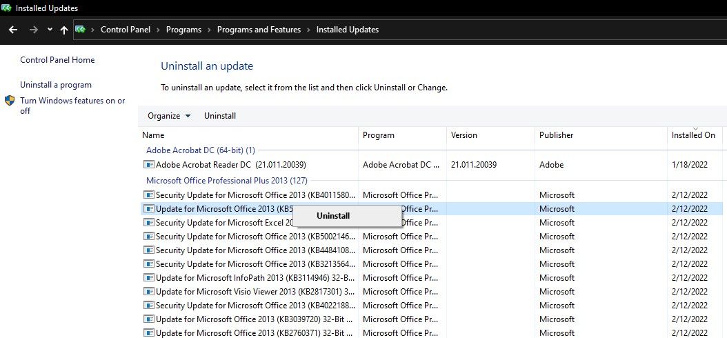 Uninstalling Microsoft Office Update in Control Panel