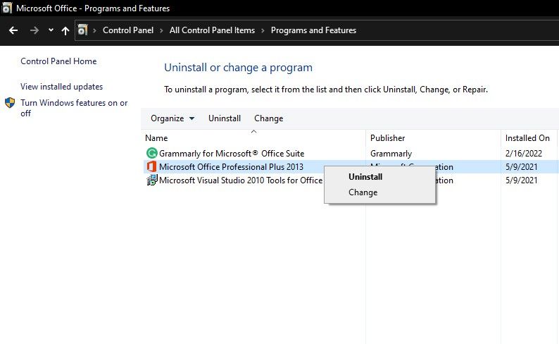 Uninstalling Microsoft Office in Control Panel