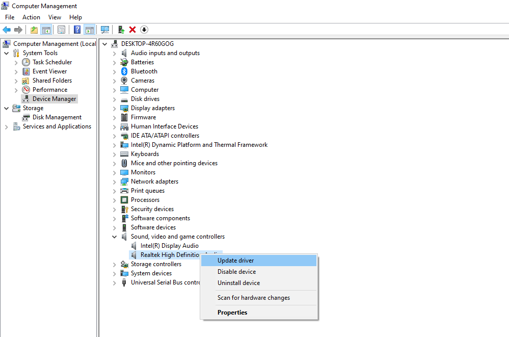 Sound driver update in Windows Device Manager settings