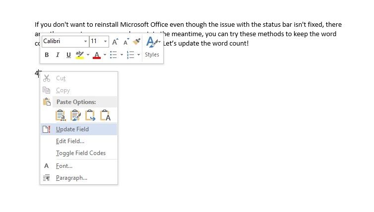 Updating the Word Count Field in Microsoft Word Document