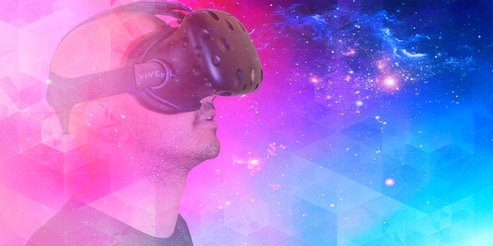 man using VR goggles with multicolor background