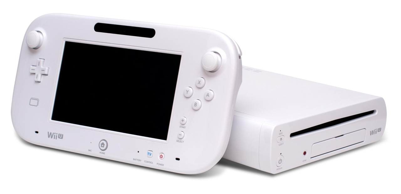 A Wii U Gamepad with buttons and a large touch screen rests against a white Wii U console